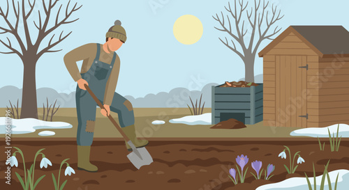 Man in warm clothes and overalls digging a garden bed with a shovel in early spring with snow and the first blooming flowers like snowdrops and crocuses