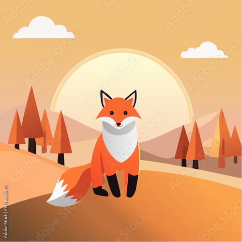 Renard stylisé dans une forêt au coucher du soleil – illustration nature