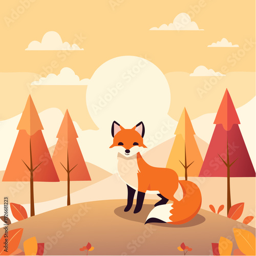 Renard stylisé dans une forêt au coucher du soleil – illustration nature