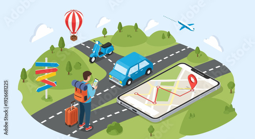 travel planning app on smartphone, vacation concept