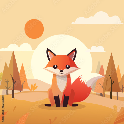 Renard stylisé dans une forêt au coucher du soleil – illustration nature