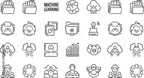 Modern Thin Line Machine Learning and Artificial Intelligence Icons Set with Data, Cloud and Automation Symbols