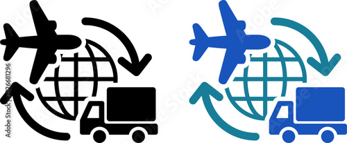 地球・飛行機・トラックで表す国際物流と輸送切替アイコン（Global Multimodal Logistics Icon with Airplane and Truck）
