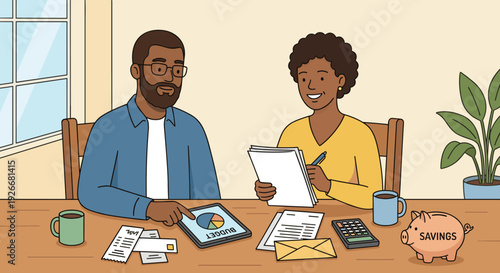 Happy Black couple sitting at a table managing their household finances together with a tablet, calculator, and piggy bank for savings in a cartoon illustration style
