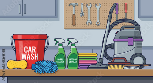 Car cleaning and detailing equipment including a bucket, vacuum, sprays, and towels neatly organized on a workbench inside a garage, a flat style vector illustration