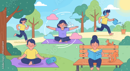 People enjoying park activities: yoga, reading, running, and gardening