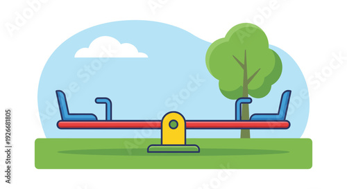 Colorful seesaw with a red plank, blue seats, and yellow fulcrum stands balanced in a park with green grass, a tree, and a blue sky in a flat vector illustration style