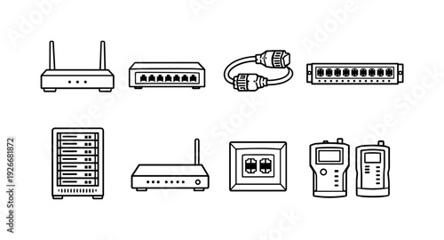 Office networking hardware: wifi router, network switch, ethernet cable, patch panel, server rack, modem unit, wall socket, cable tester