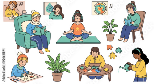 People enjoying leisure activities: reading, listening, meditating, and more
