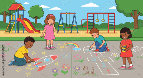 Diverse group of happy children drawing with colorful chalk on the pavement, creating a vibrant scene with a rocket and hopscotch in a sunny park playground with a slide and swings