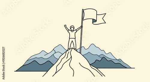 A triumphant figure stands on a mountain peak with arms raised holding a flag