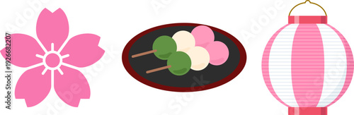 桜と花見団子と提灯のお花見シンプルアイコンセット（Cherry Blossom, Dango and Lantern Hanami Icon Set）
