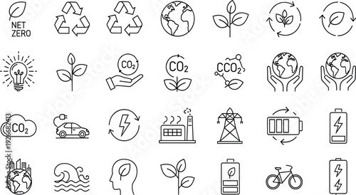 Eco friendly net zero icons set featuring carbon reduction recycling renewable energy electric vehicle battery storage and sustainable green lifestyle symbols