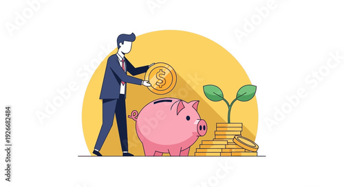 A man in a suit putting a coin into a piggy bank next to a growing stack of coins and a plant