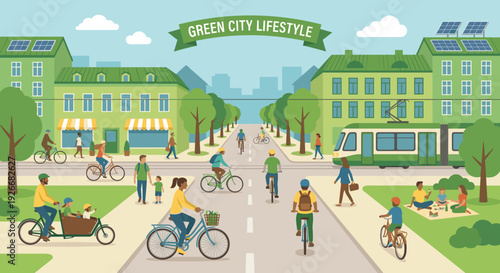 Green city lifestyle vector illustration showing people cycling and walking on a street with sustainable buildings, solar panels, and a modern electric tram