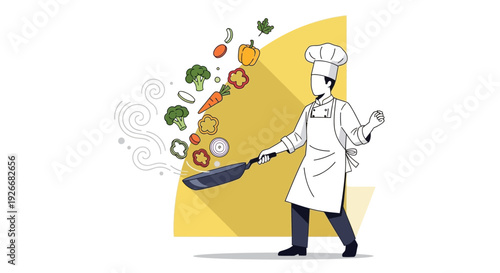Chef in white uniform cooking with a frying pan surrounded by flying vegetables and ingredients
