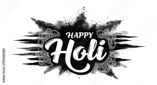 A vibrant Happy Holi typographic design with powder splash effect and ornate patterns on a white background conveying a festive mood