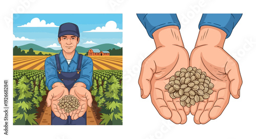 A farmer proudly displays coffee beans held in open palms against a field