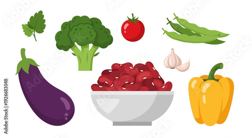 A colorful assortment of fresh vegetables and legumes presented on white