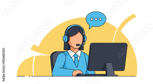 Woman wearing headset working on computer with speech bubble above her head in a customer service environment.