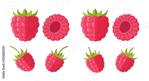 A colorful arrangement of fresh raspberries in varying sizes and perspectives