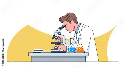 Scientist examining specimen through microscope on laboratory workbench with equipment nearby