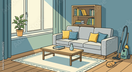 Clean living room interior cartoon illustration showing a cozy sofa, coffee table, bookshelf, and cleaning tools in a room bathed in sunlight from a large window