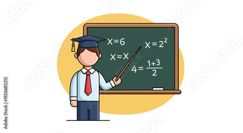 A graduate standing in front of a blackboard explaining mathematical equations to an unseen audience with a pointer in hand