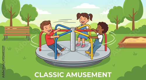 Three happy diverse children playing together on a colorful spinning merry-go-round at a sunny park playground with trees and a sandbox in the background