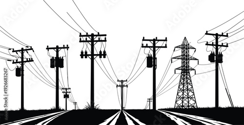 Black and white silhouette of utility poles and transmission tower along road with power lines, showcasing electricity distribution infrastructure illustration
