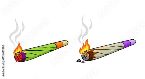 Two lit marijuana joints with smoke one with embers falling