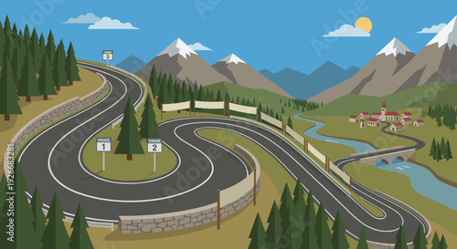 Serpentine asphalt road with numbered turn signs winds through a scenic mountain landscape with a forest, river, and a small village in a flat cartoon vector illustration