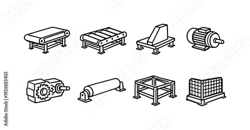 Industrial pallet conveyor equipment: belt conveyor, roller conveyor, pallet stop, drive motor, gearbox, idler roller, support frame, safety guard