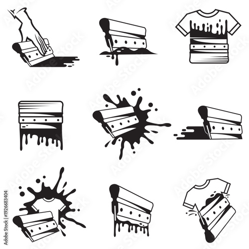 silk screen printing icons with squeegee isolated on white background