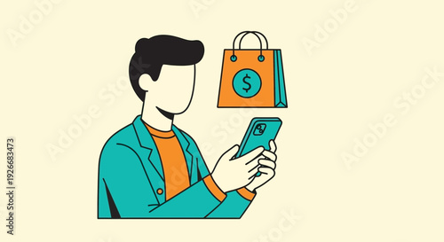 Man shopping online with mobile device, flat vector illustration of e-commerce transaction