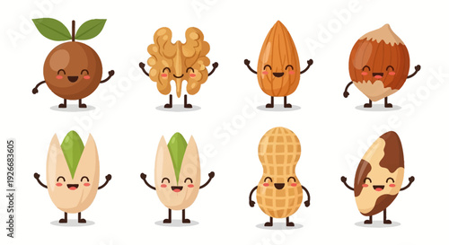 Cute cartoon nuts and seeds with smiling faces vector illustration