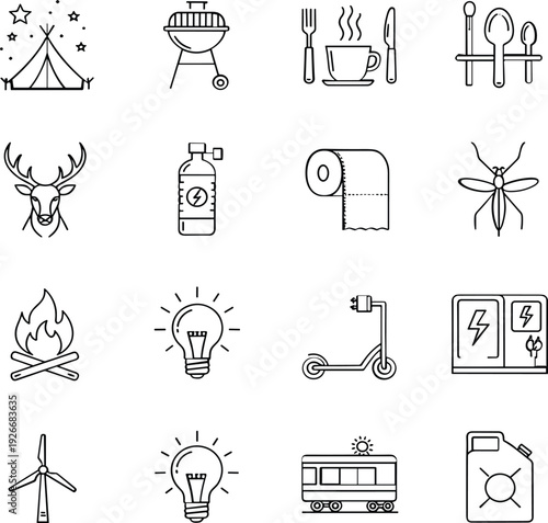 Outdoor Camping and Renewable Energy Line Icons Set with Tent, Campfire, Wind Turbine, Electric Scooter and Solar Power Outline