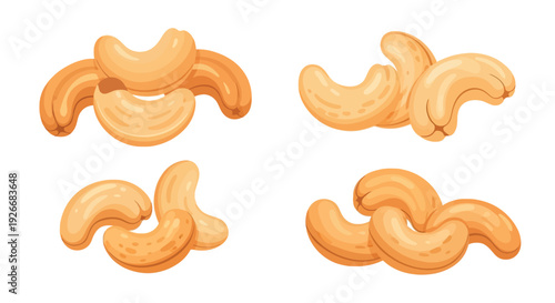 Illustration of cashew nuts in various arrangements on a white background