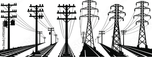 Black and white silhouette of utility poles and transmission towers with power lines, contrasting rural wooden poles and steel lattice structures