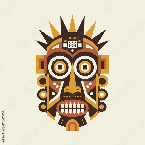 Ancient Tribal Mask: This vividly colored and geometrically stylized illustration depicts a tribal mask, exuding an aura of mystery, cultural significance and ancient traditions.