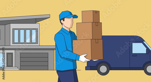 Delivery person in uniform handing over packages to customer outside home in flat vector illustration style