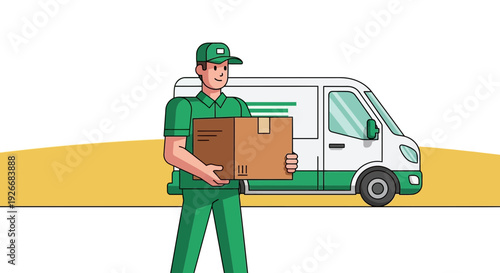 Flat vector delivery man holding cardboard box standing next to green and white van