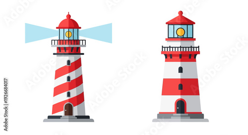 Two colorful lighthouse illustrations with red and white striped towers
