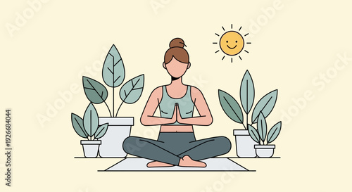 Woman meditating in lotus position surrounded by plants in a serene flat vector illustration