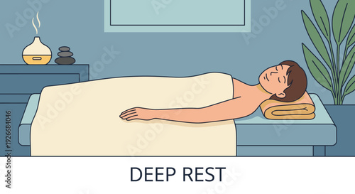 Relaxed person resting deeply on a massage table under a blanket during a wellness treatment in a serene spa room with an aroma diffuser