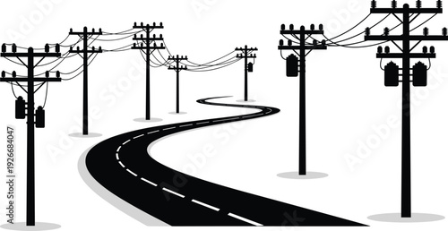 Black and white silhouette of winding road with utility poles and power lines, showcasing rural electricity distribution infrastructure