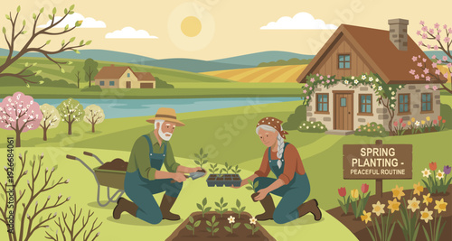 Senior couple gardening together in spring, planting seedlings in their beautiful countryside garden with a charming cottage and blooming trees in the background