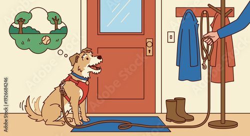 Excited happy scruffy terrier dog wearing a red harness sits by the front door, wagging its tail and dreaming of playing ball in the park as its owner grabs the leash