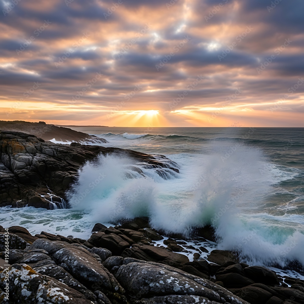 Fototapeta premium Rugged Coastline with Waves Crashing at Sunset.
