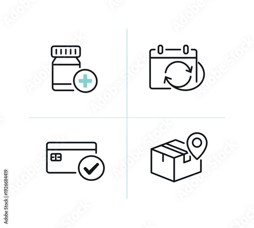 Digital online pharmacy subscription and recurring medication management in healthcare services, presenting prescription enrollment, refill scheduling